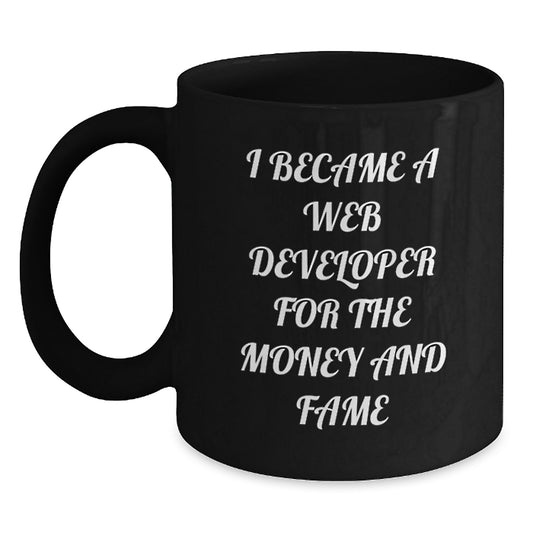 Web Developer Gifts from Friends, Funny 'I Became A Web Developer For The Money And Fame' Black Coffee Mug, Unique Christmas Unique Gifts for Web Developers - Main