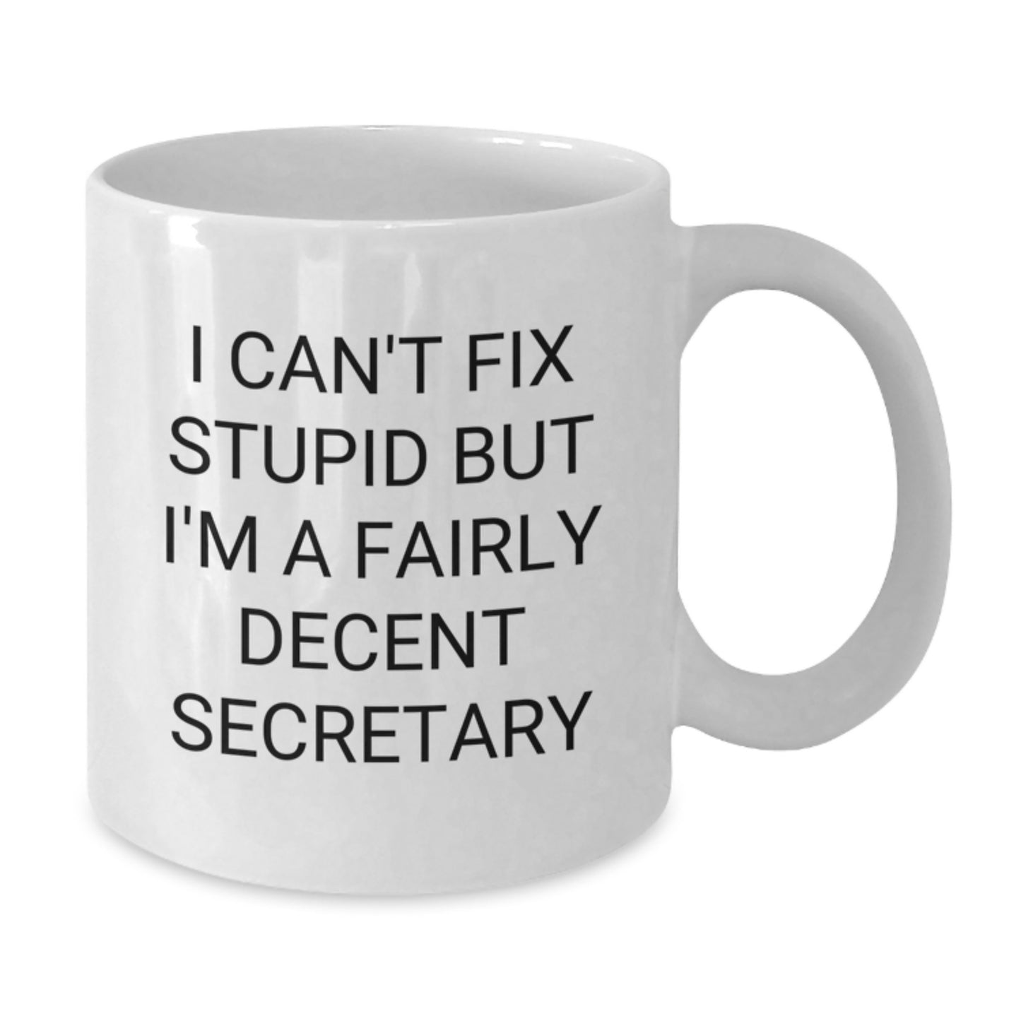 Funny Secretary White Coffee Mug Gifts from Friends for Birthday - 'I Can't Fix Stupid But I'm A Fairly Decent Secretary' Quote, White Ceramic Mug - Additional