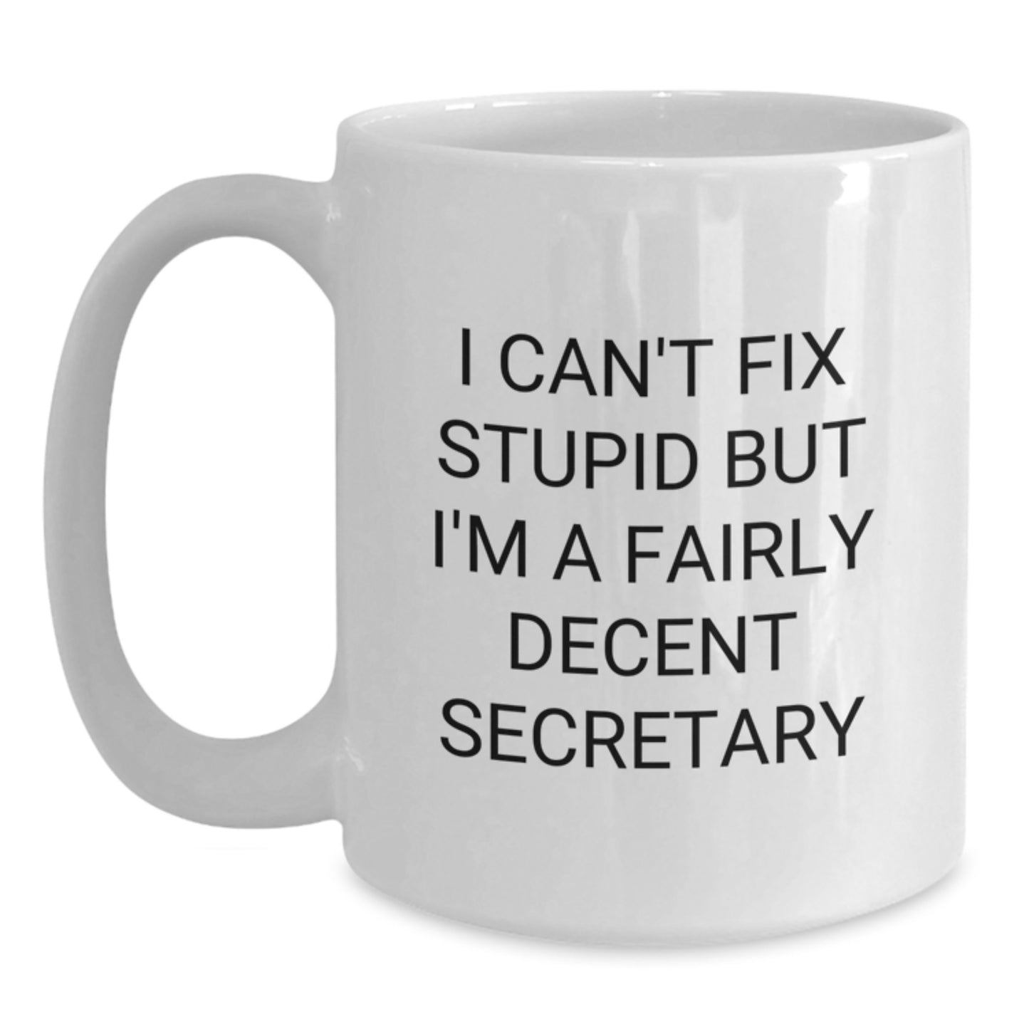 Funny Secretary White Coffee Mug Gifts from Friends for Birthday - 'I Can't Fix Stupid But I'm A Fairly Decent Secretary' Quote, White Ceramic Mug - Main