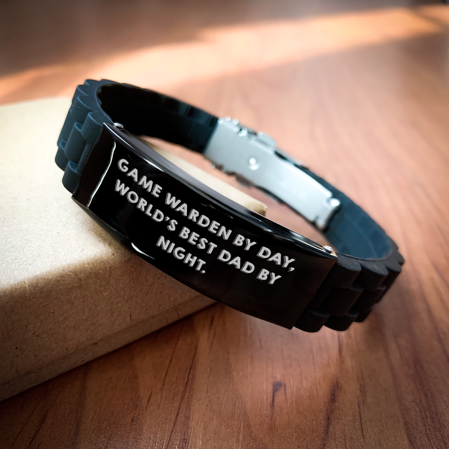 Game Warden Gifts for Men, Game Warden By Day, World's Best Dad By Night. - Glide lock Clasp Adjustable Black Stainless Steel Silicone Bracelet for Graduation - Image 2