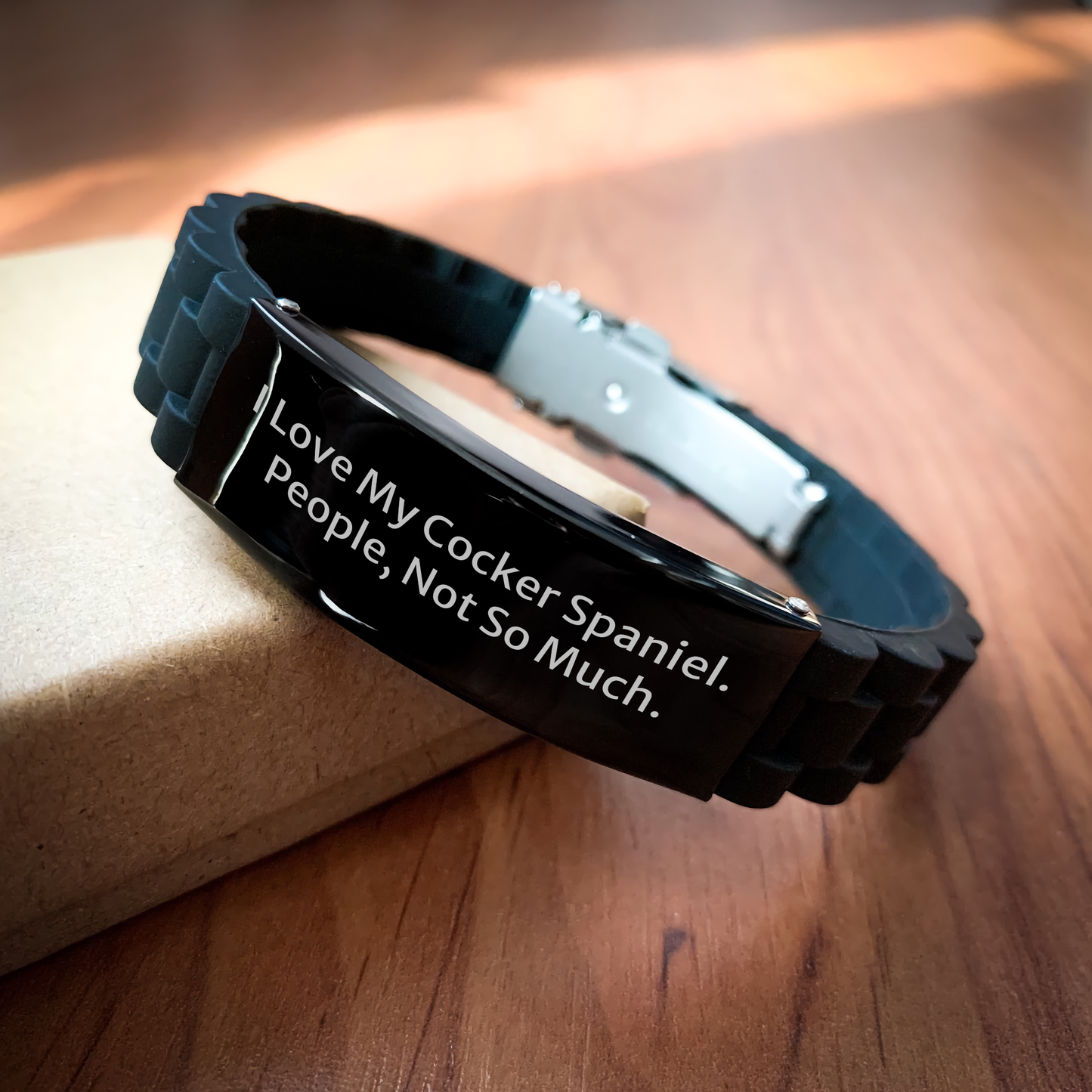 Cocker Spaniel Dog Lovers Gifts from Friends or Family - Funny Quote Glide lock Clasp Black Stainless Steel Silicone Adjustable Bracelet for Graduation - Image 2