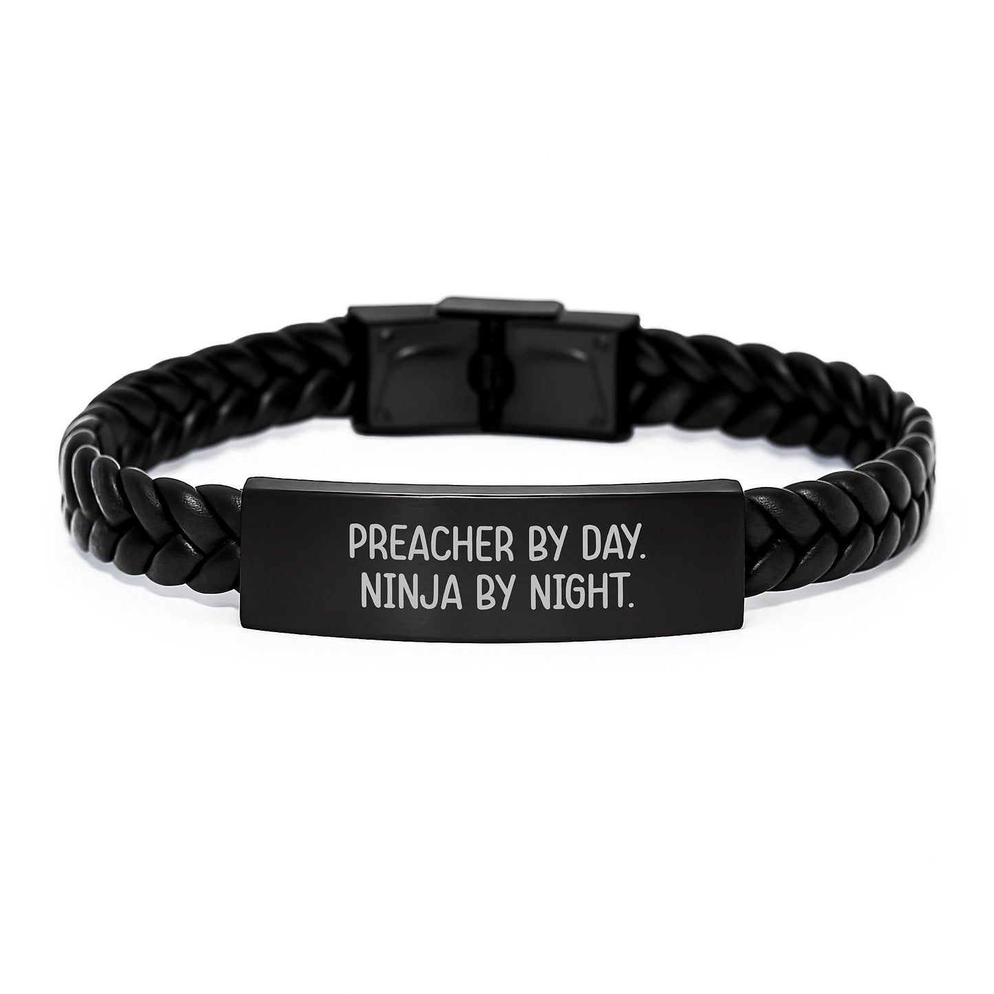 Preacher Gifts, Preacher By Day. Ninja By Night. Interlaced Leather Bracelet, Birthday Unique Finds, Gifts from Friends, Gifts for Preacher - Image 1