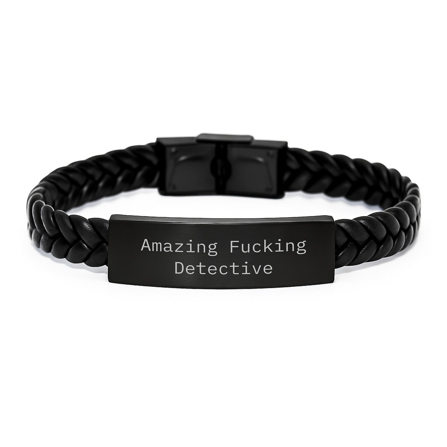 Funny Detective Gifts, Amazing Christmas Unique Gifts for Men, Interlaced Leather Bracelet with Stainless Steel and PU Leather, Inspirational Quote 'Amazing F--king Detective' - Image 1