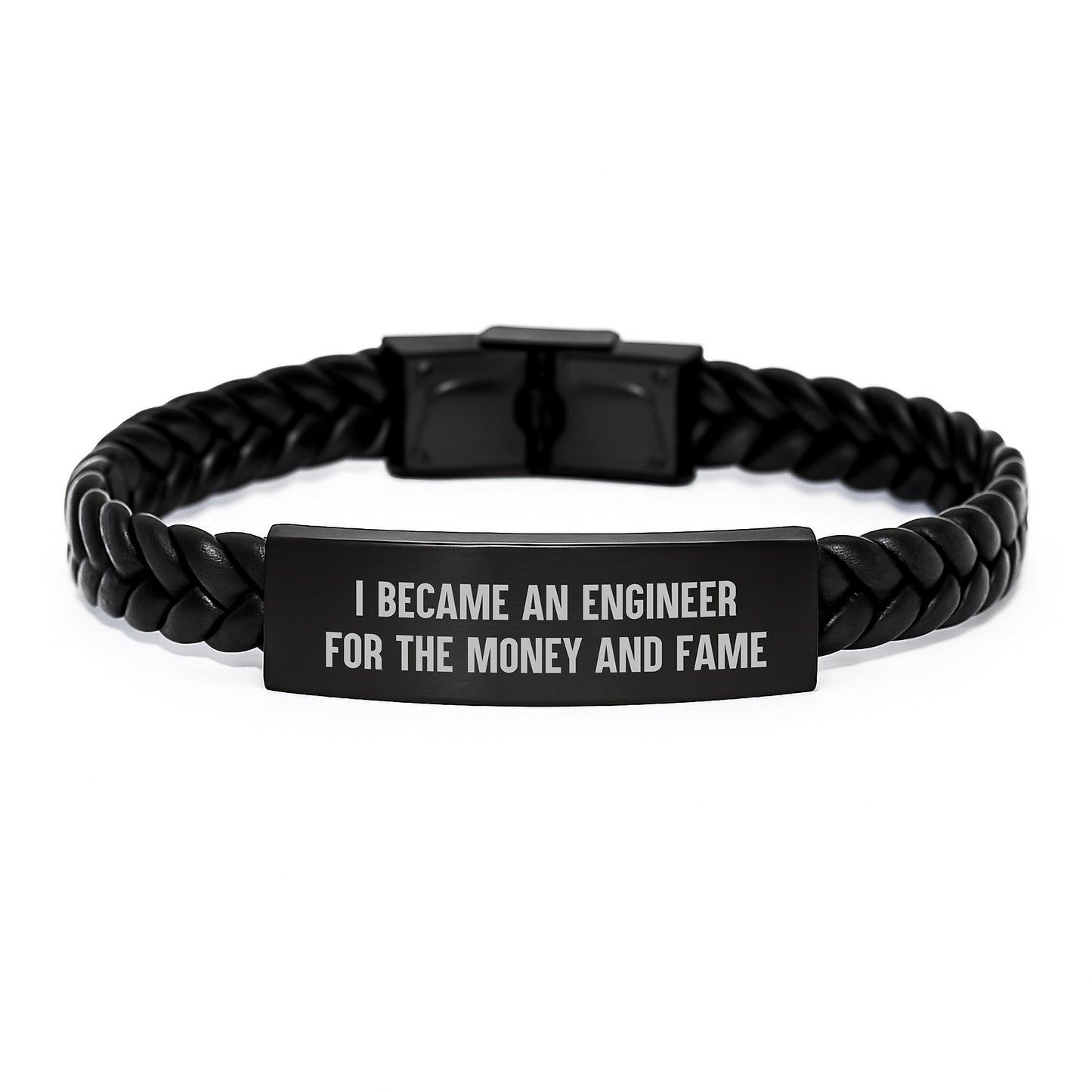 Funny Engineer Gifts for Men - Christmas Unique Leather Bracelet, Engraved Stainless Steel, Interlaced Leather Style with Gift Message 'I Became An Engineer For The Money And Fame' - Image 1