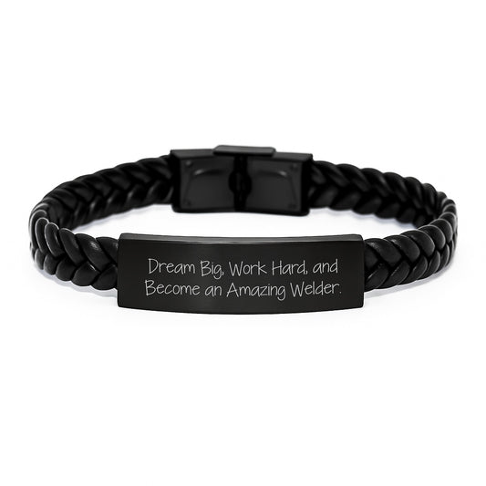 Welder Gifts from Friends, Inspirational Interlaced Leather Bracelet for Men, 'Dream Big Work Hard' Quote, Graduation Unique Gifts for Him - Image 1