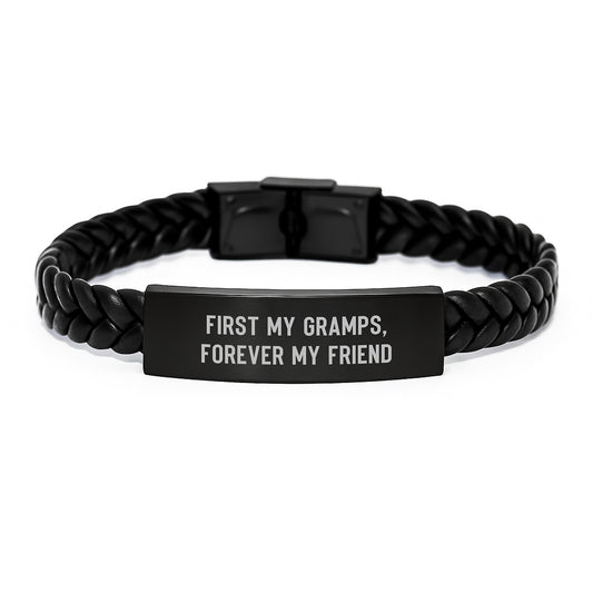Inspirational Gramps Gifts, Interlaced Leather Bracelet for Men, Funny Quote 'First My Gramps, Forever My Friend', Graduation Unique Gifts from Family - Image 1
