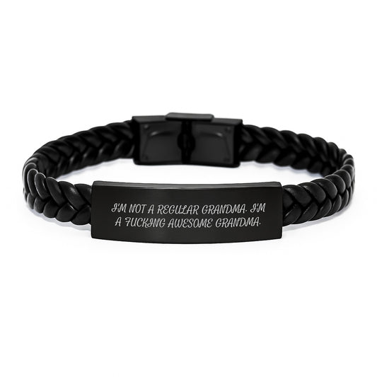 Gifts from Men to Grandma - Funny Interlaced Leather Bracelet for Graduation - 'I'm Not A Regular Grandma. I'm A F--king Awesome Grandma.' - Image 1