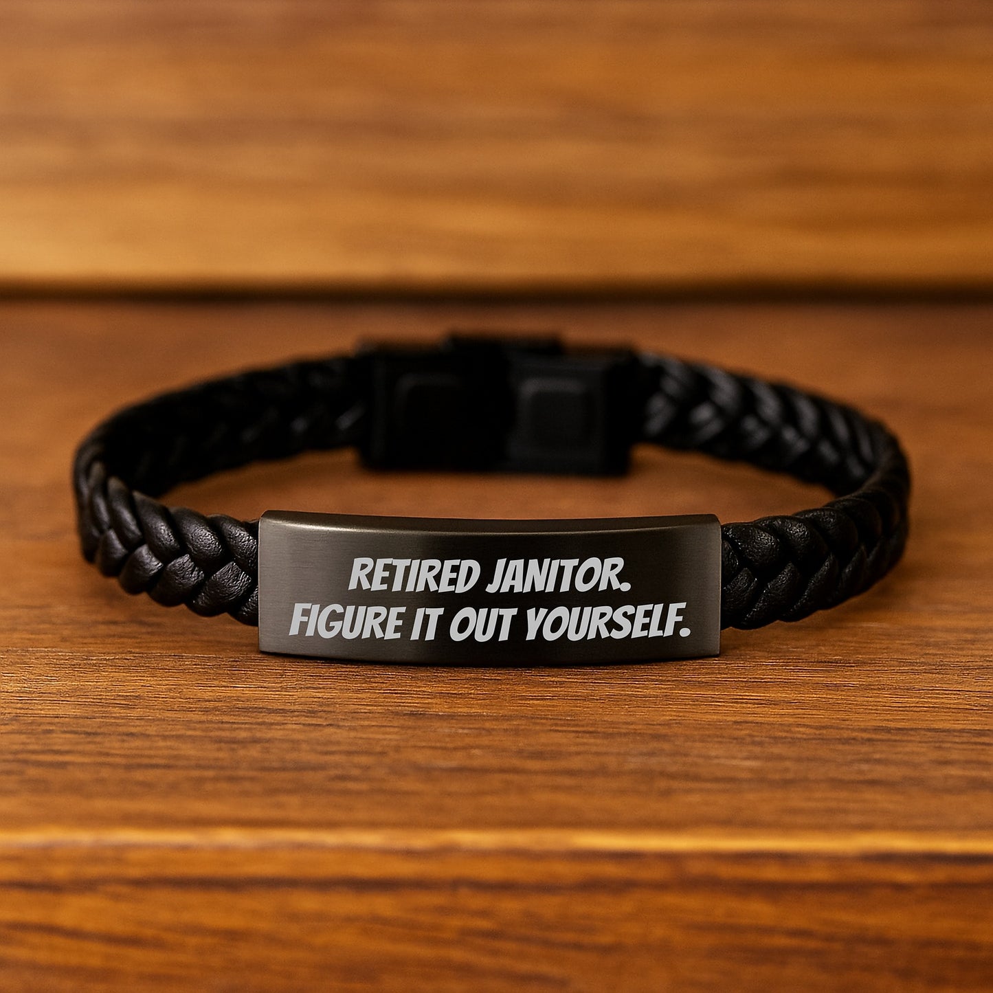 Funny Janitor Gifts, 'Retired Janitor. Figure It Out Yourself.' Interlaced Leather Bracelet for Men, Unique Graduation Gifts from Friends, Coworkers, Family - Image 2