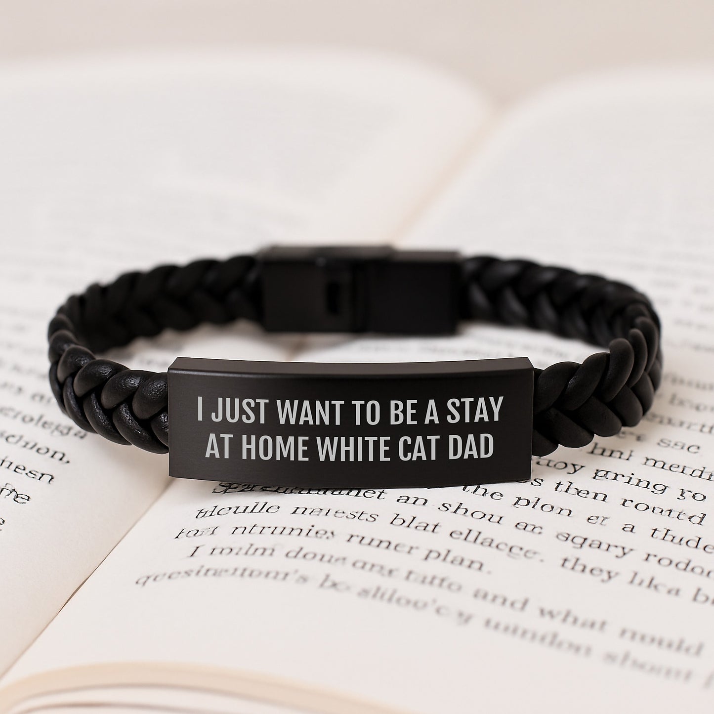 Funny White Cat Dad Gifts for Men, Unique Interlaced Leather Bracelet for Him, Engraved Stainless Steel, Ideal Gift from Husband to Wife on Christmas - Image 3