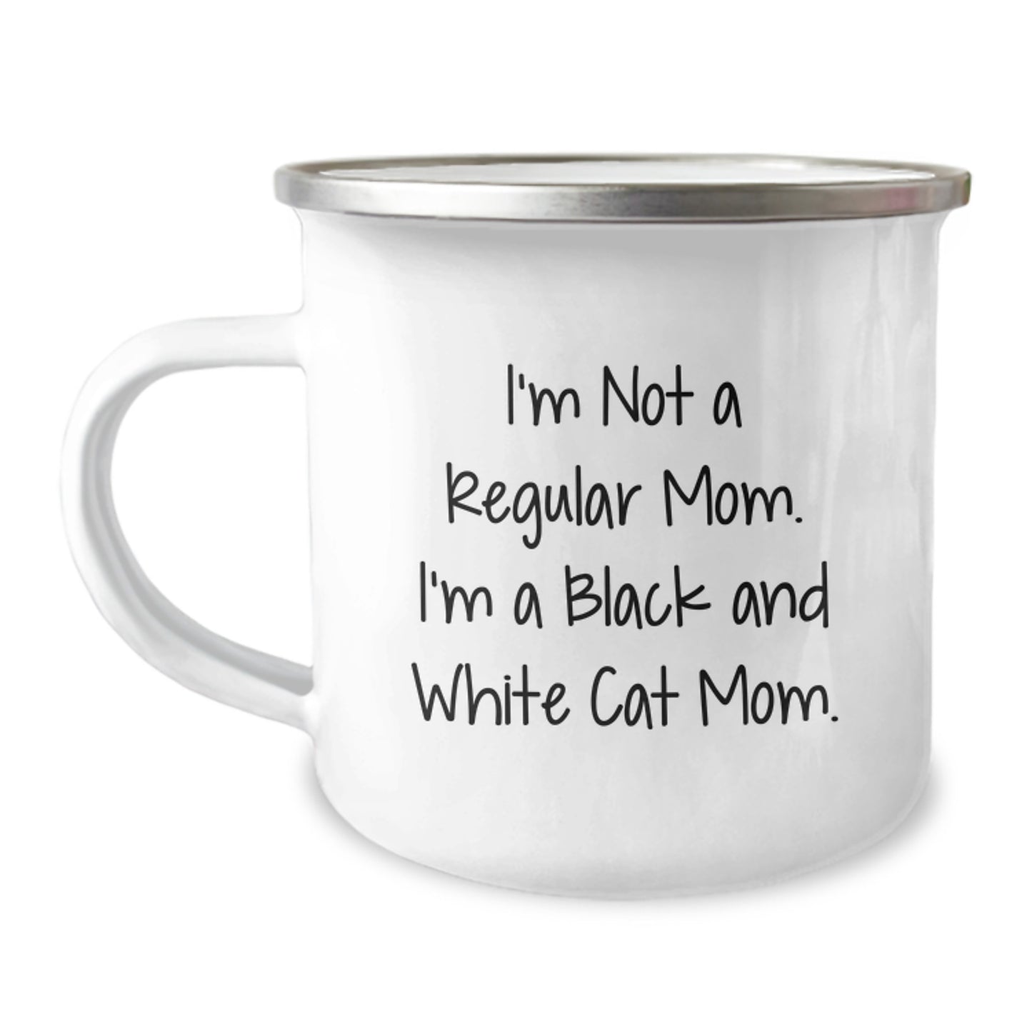 Black and White Cat Gifts, Funny Quote, Camping Mug for Graduation, Gifts from Friends for Black and White Cat Mom, 12 oz Stainless Steel Enamel Finish - Image 1