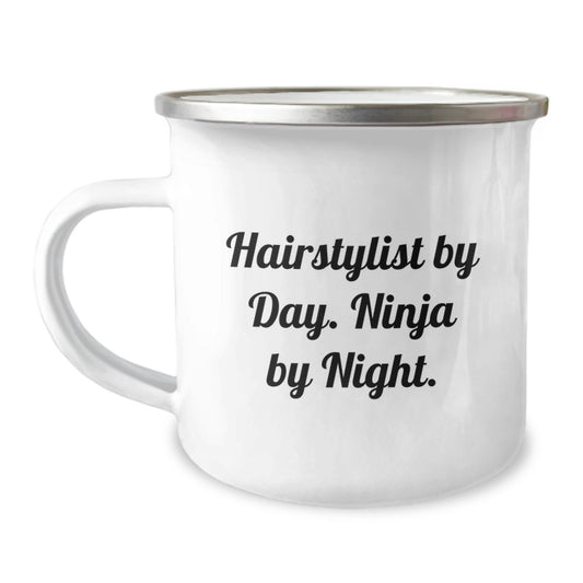 Hairstylist Ninja Gifts, Funny Camping Mug for Graduation, Enamel Finish, 12 oz Capacity - Gifts from Friends to Hairstylist - Image 1