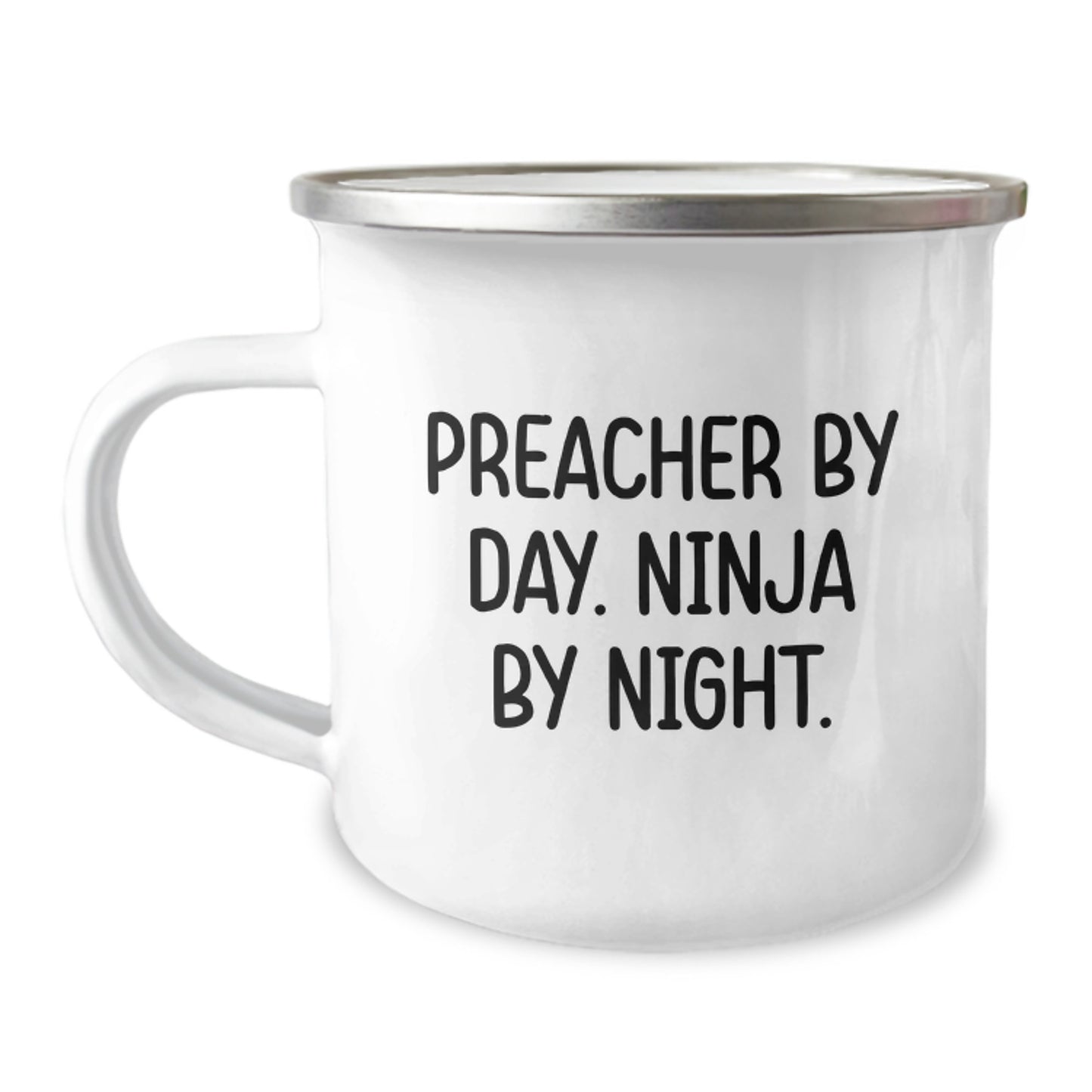 Preacher Gifts Funny Ninja Camping Mug for Birthday, Preacher By Day. Ninja By Night., Stainless Steel with Enamel Finish, 12 oz Capacity, Gifts from Men to Preacher - Image 1