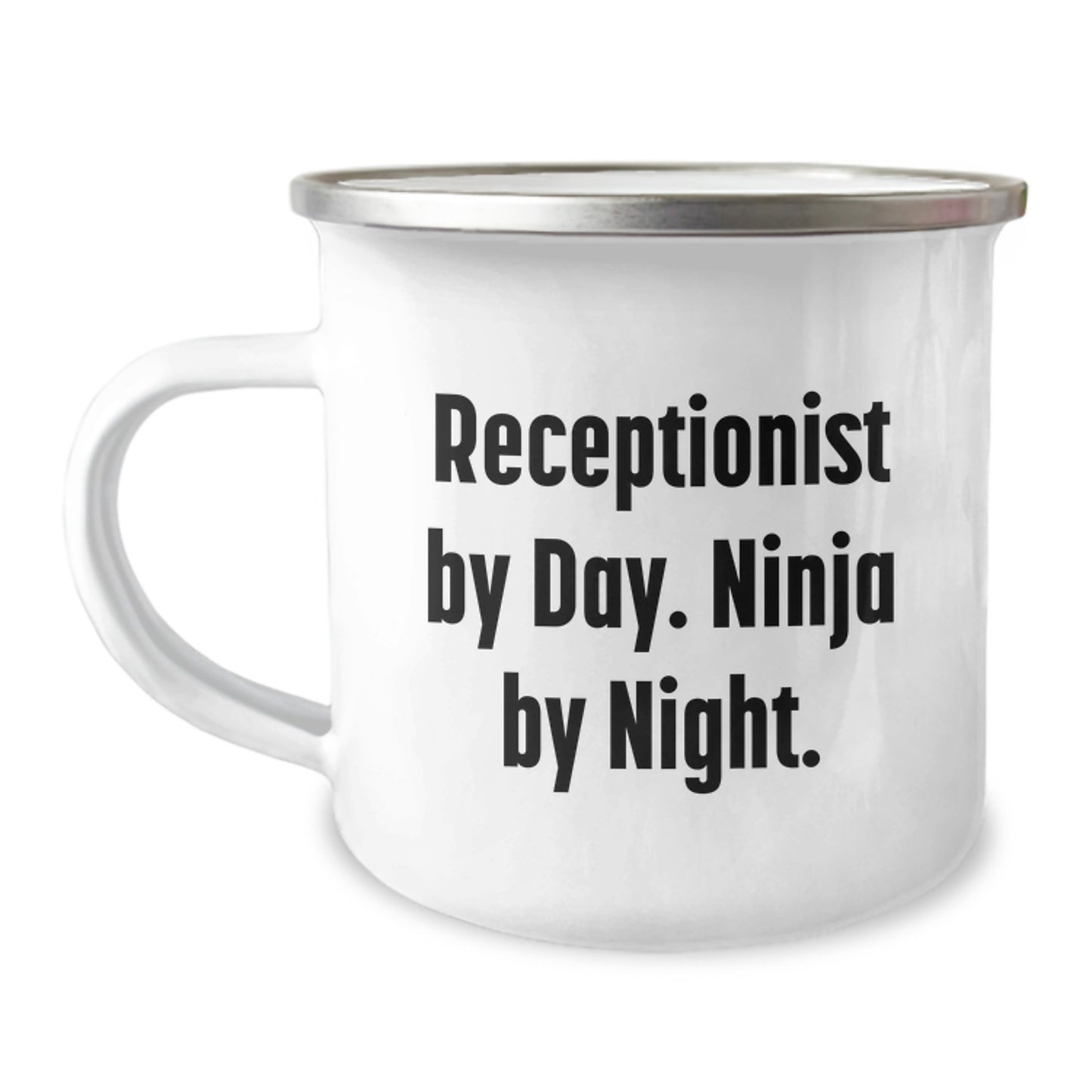 Receptionist Gifts from Friends, Funny Camping Mug for Birthday, 'Receptionist By Day. Ninja By Night.' Quote, 12 oz Stainless Steel with Enamel Finish - Image 1