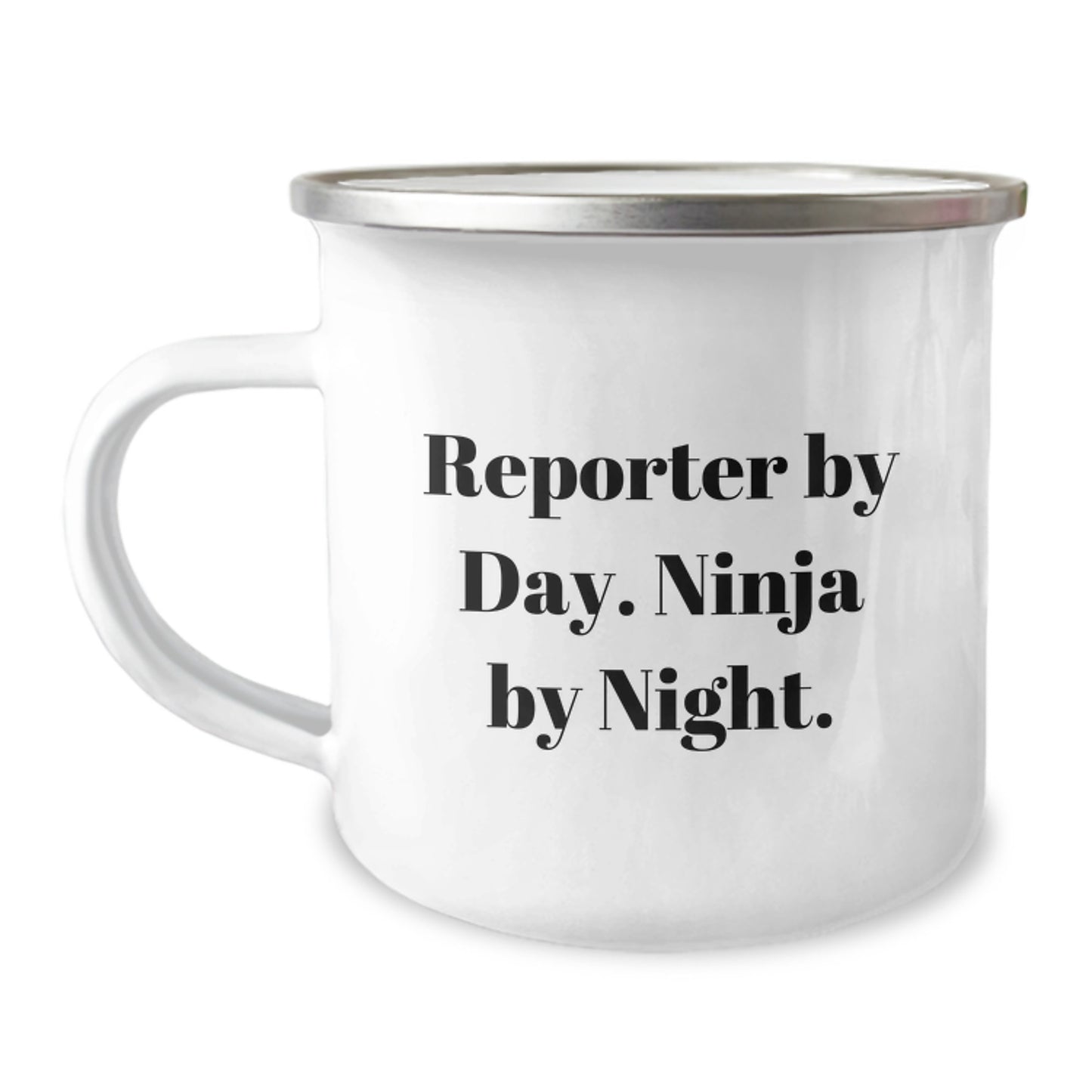 Reporter Gifts, Funny Quote Camping Mug, Birthday Presents from Friends for Reporter - 'Reporter By Day, Ninja By Night' - Image 1