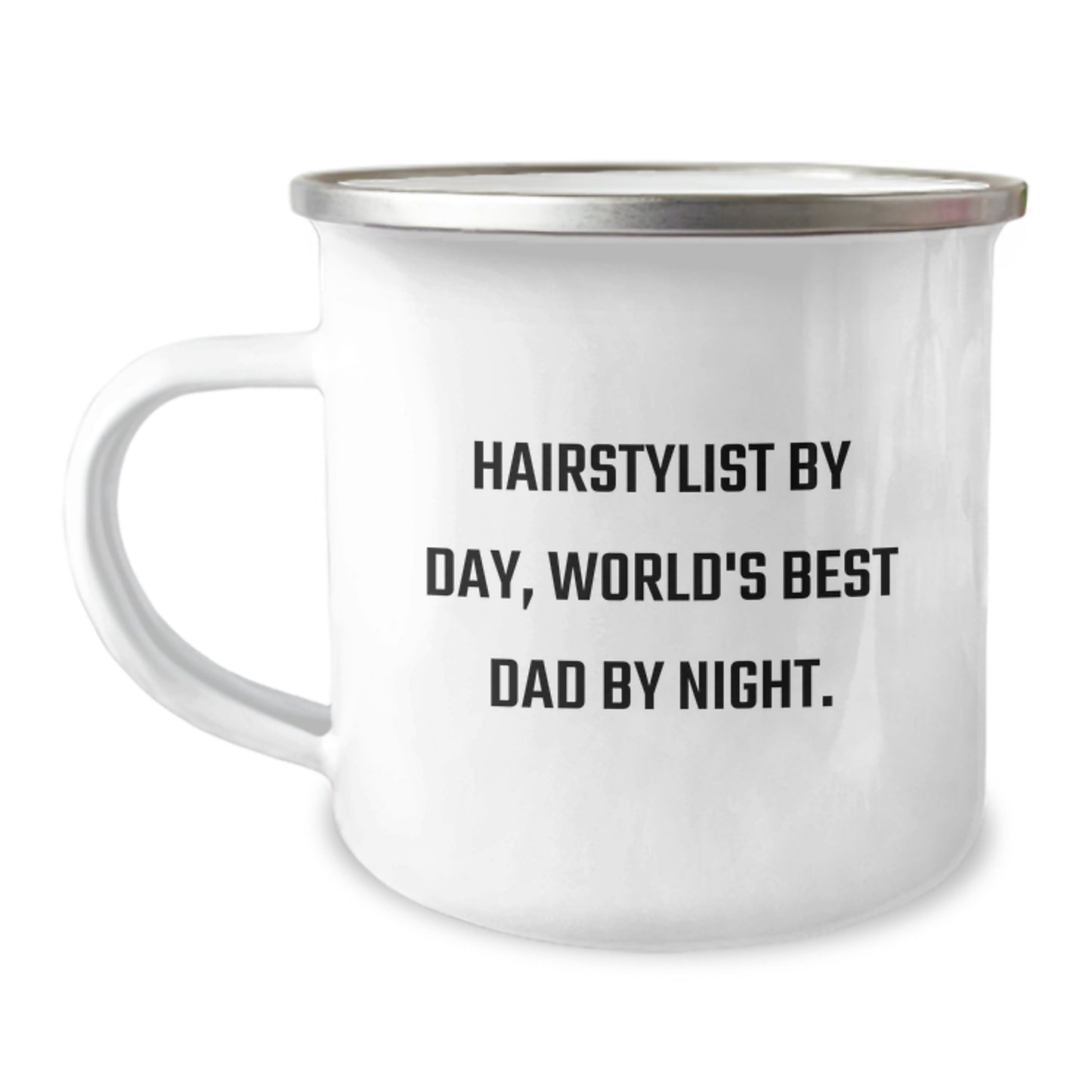 Hairstylist Gifts from Friends - Funny Camping Mug for Birthday - 'Hairstylist By Day, World's Best Dad By Night.' - Image 1