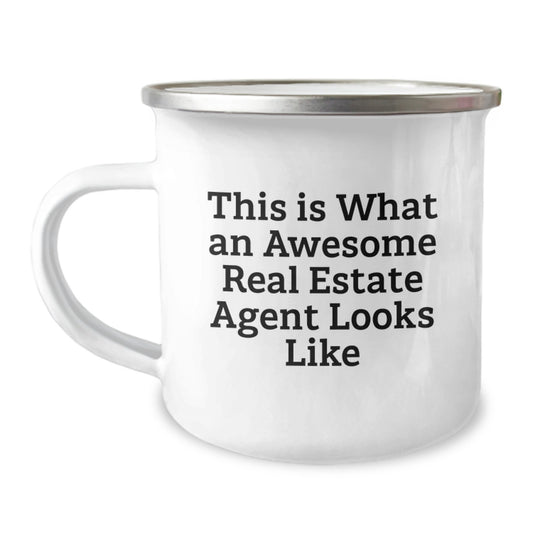 Gifts from Friends to Real Estate Agents, 'This Is What An Awesome Real Estate Agent Looks Like' Funny Quote, Camping Mug for Birthday, 12 oz Stainless Steel with Enamel Finish - Image 1
