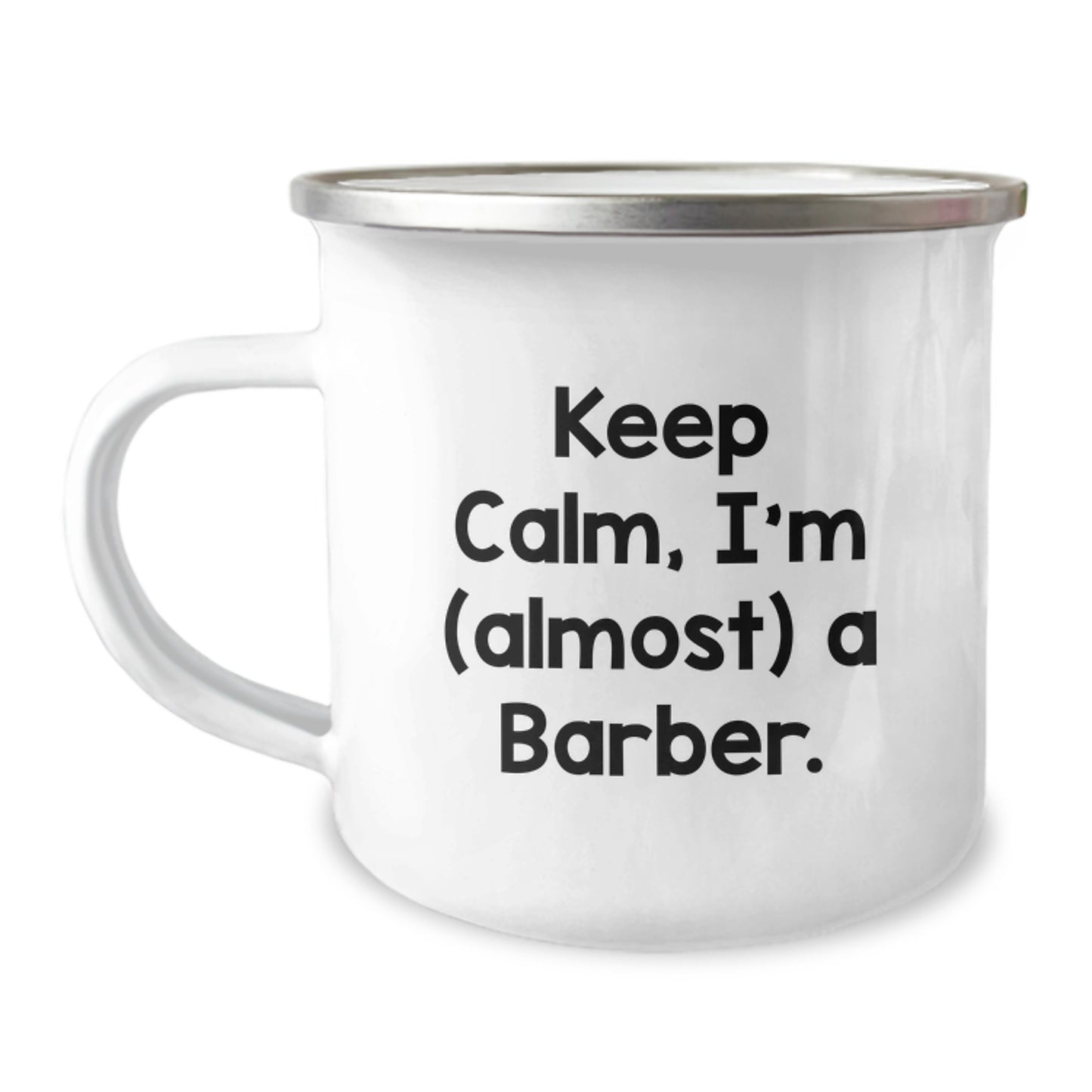 Funny Barber Gifts, Keep Calm I'm (almost) A Barber Cute Camping Mug for Men, Christmas Unique Fun Gift Ideas from Friends to Family - Image 1