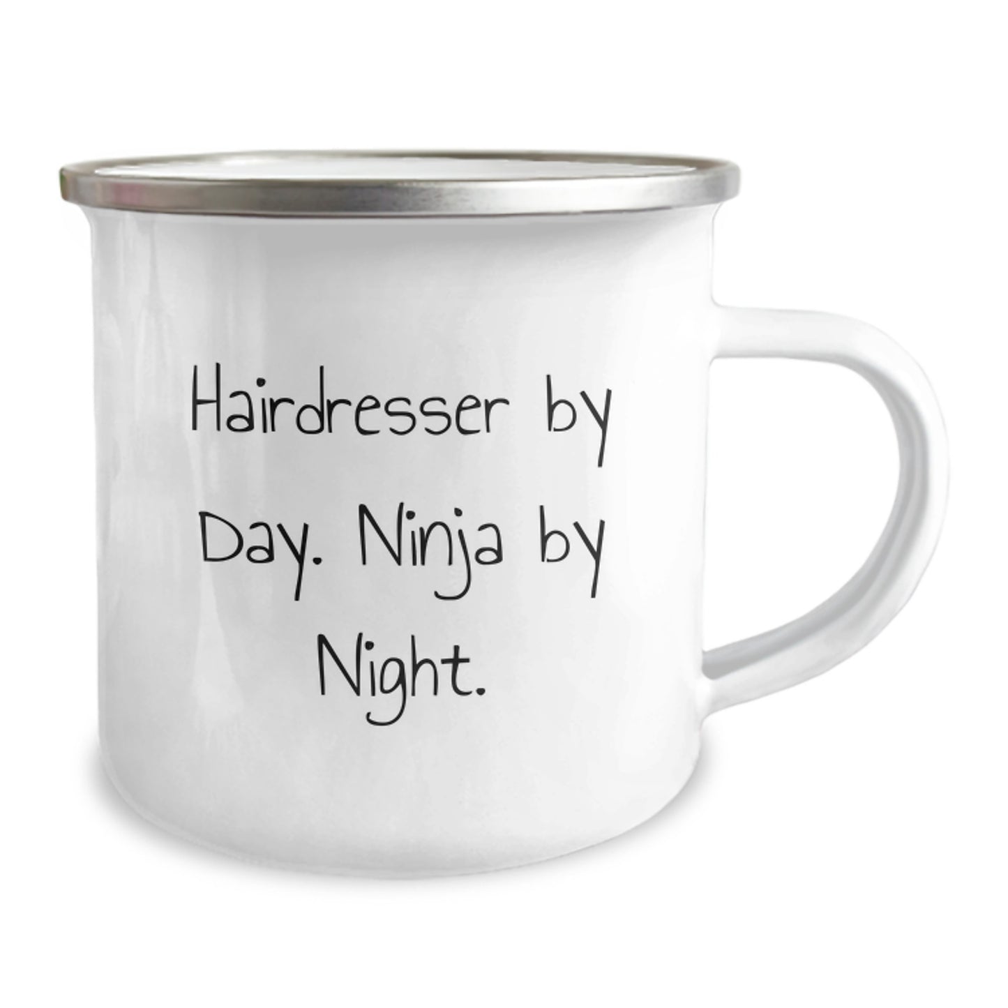 Funny Hairdresser Gifts from Friends - Hairdresser By Day. Ninja By Night. - 12 oz Camping Mug for Hairdresser Graduation - Image 2