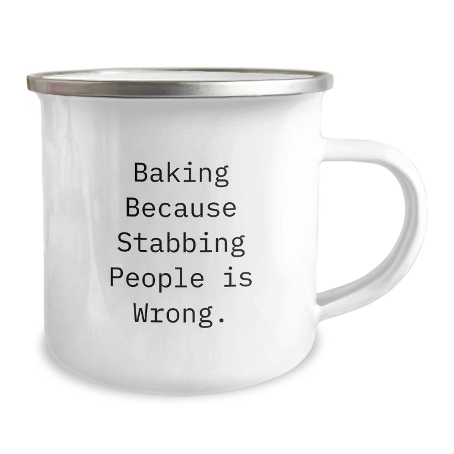 Funny Baking Gifts for Men from Friends on Christmas Camping Mug with 'Baking Because Stabbing People Is Wrong.' Quote - Image 2