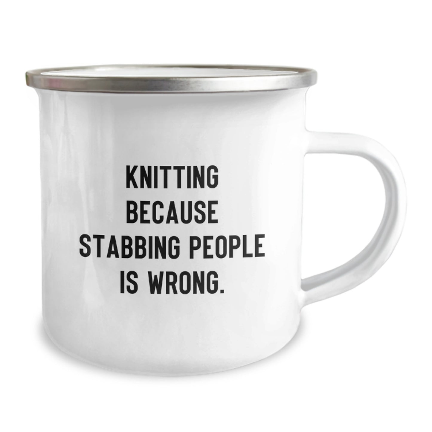 Funny Knitting Camping Mug, Christmas Unique Gifts from Friends to Knitting Enthusiasts, 'Knitting Because Stabbing People Is Wrong' Quote, Stainless Steel with Enamel Finish - Image 2