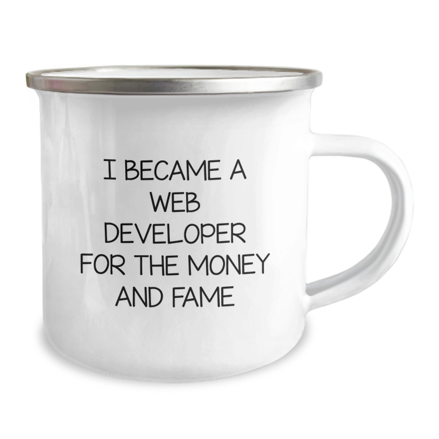 Funny Quote for Web Developers, Gifts from Friends to Web Developer, Christmas Unique Gifts, Enamel Camping Mug for Men, 'I Became A Web Developer For The Money And Fame' - Image 2