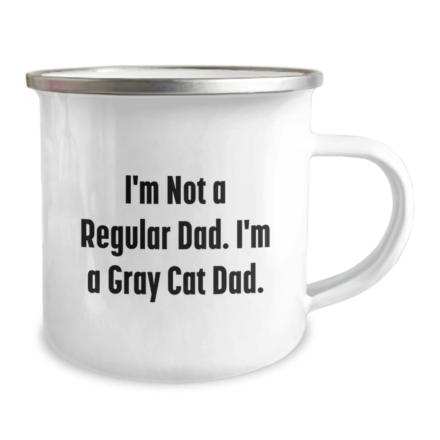 Funny Gray Cat Dad Camping Mug, Gifts from Men for Gray Cat Lovers, Christmas Unique Gifts for Dad, 12 oz Stainless Steel Enamel Finish - Image 2