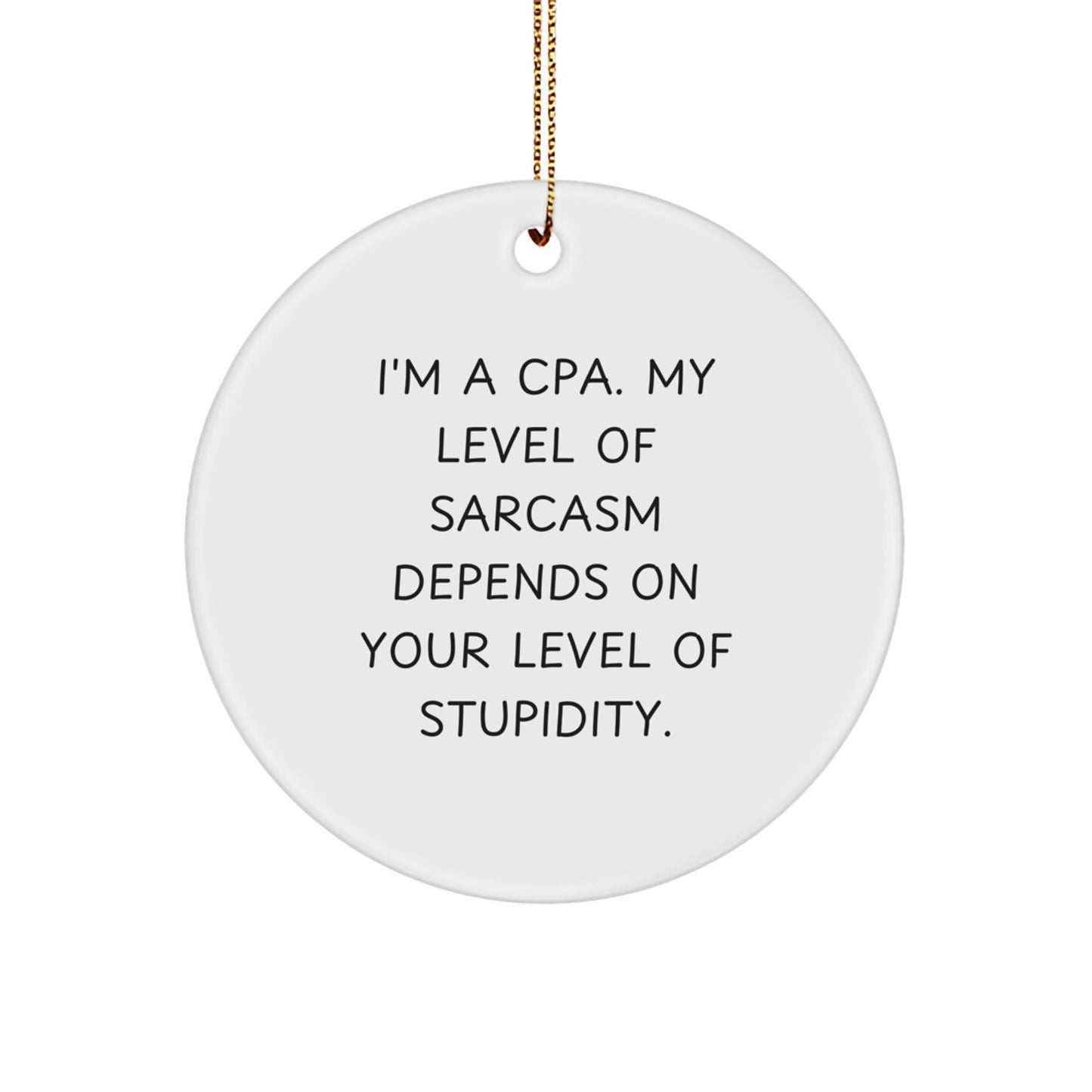 Funny CPA Gifts from Friends and Family Christmas Circle Ornament, Sarcasm Level Gifts for Men and Women, 'I'm A Cpa. My Level Of Sarcasm Depends On Your Level Of Stupidity.' - Image 1
