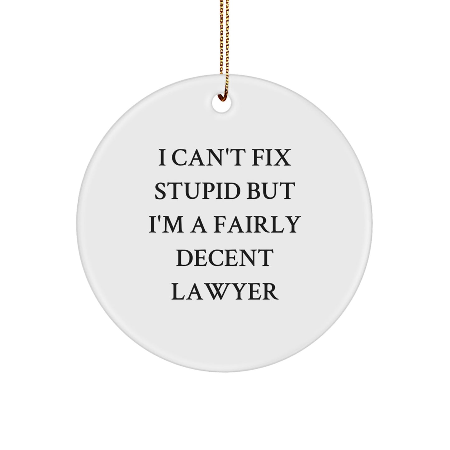 Funny Lawyer Gifts from Friends, I Can't Fix Stupid But I'm A Fairly Decent Lawyer, Christmas Unique Circle Ornament for Lawyer - Image 1