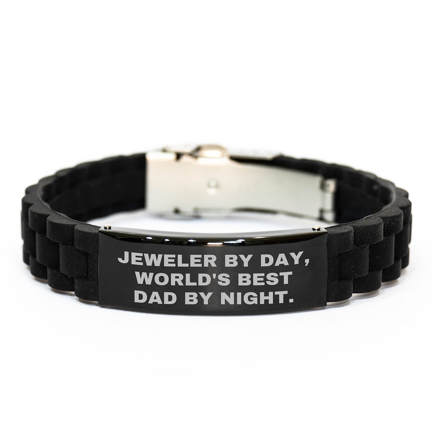 Jeweler Gifts, Funny Quote, Gifts from Men to World's Best Dad, Adjustable Glide lock Clasp Black Silicone Stainless Steel Birthday Presents for Him - Image 1