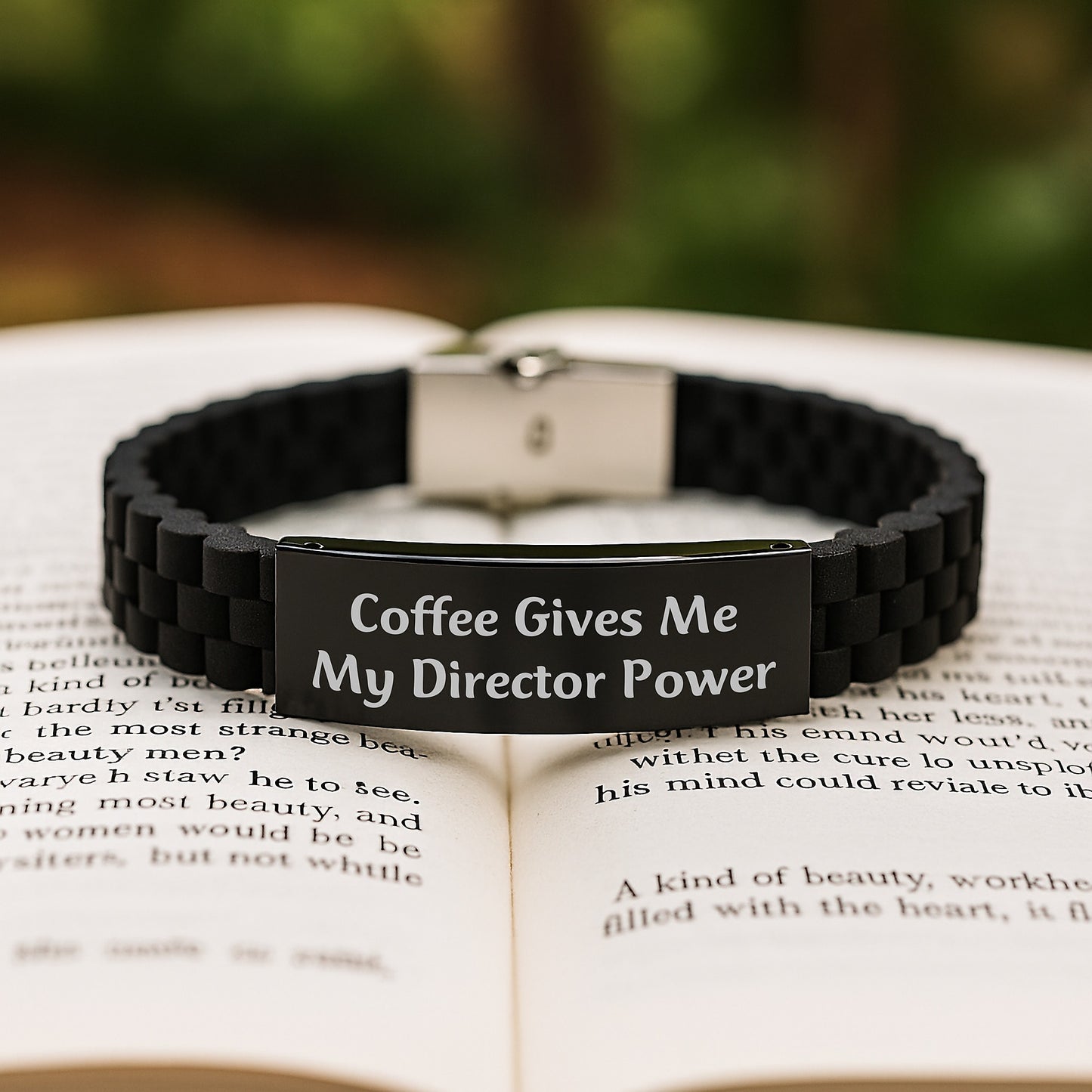 Gifts from Friends for Directors - Funny Quote Glide lock Clasp Black Stainless Steel Silicone Adjustable Birthday Unique Gift, Director Power Coffee - Image 2