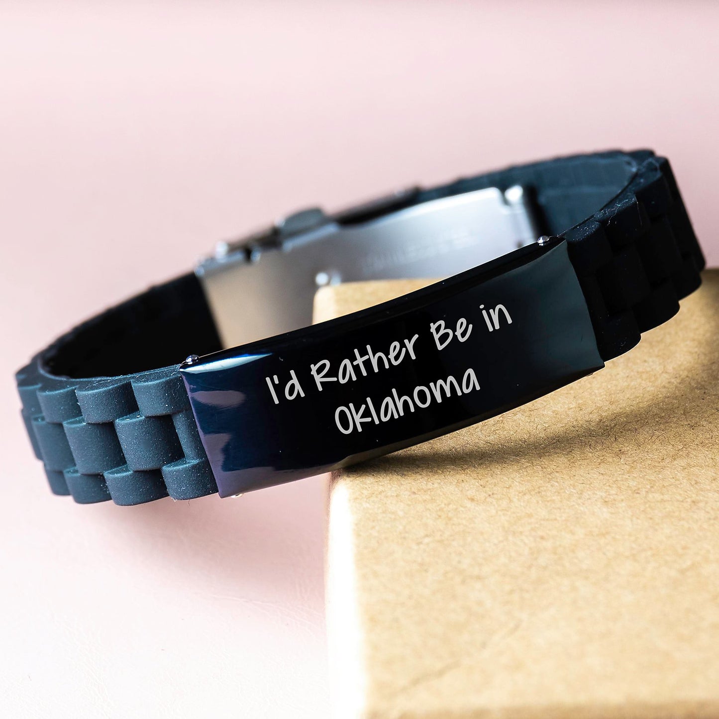Funny Oklahoma Gifts for Men, Women, Friends - 'I'd Rather Be In Oklahoma' Glide lock Clasp Birthday Jewelry, Adjustable Black Stainless Steel Silicone, Unique Oklahoma Gifts from Friends, Family - Image 3