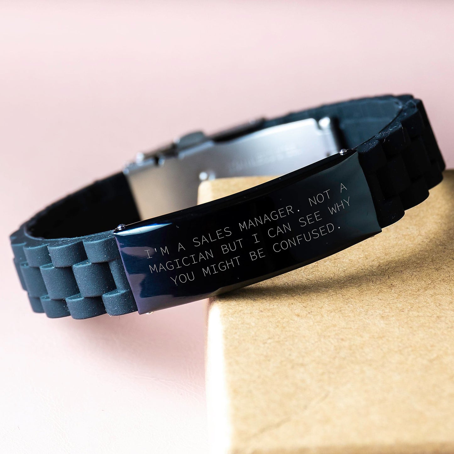 Funny Sales Manager Gifts for Graduation, 'I'm a Sales Manager, Not a Magician' Glide lock Clasp Bracelet from Friends or Family, Adjustable Black Stainless Steel and Silicone - Image 3
