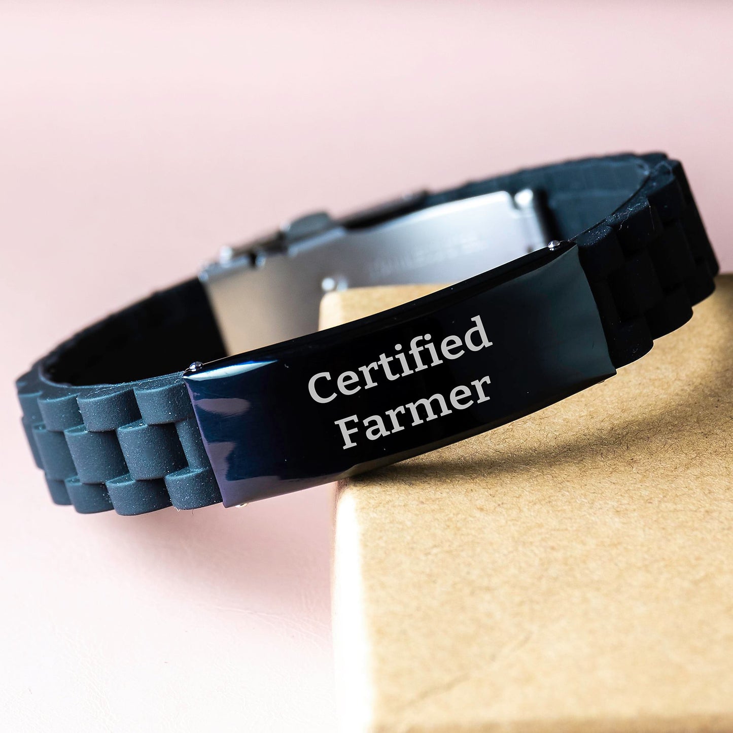 Funny Farmer Gifts from Friends for Graduation Unique Jewelry - Glide lock Clasp Black Stainless Steel Silicone Adjustable Bracelet, Certified Farmer Quote - Image 3