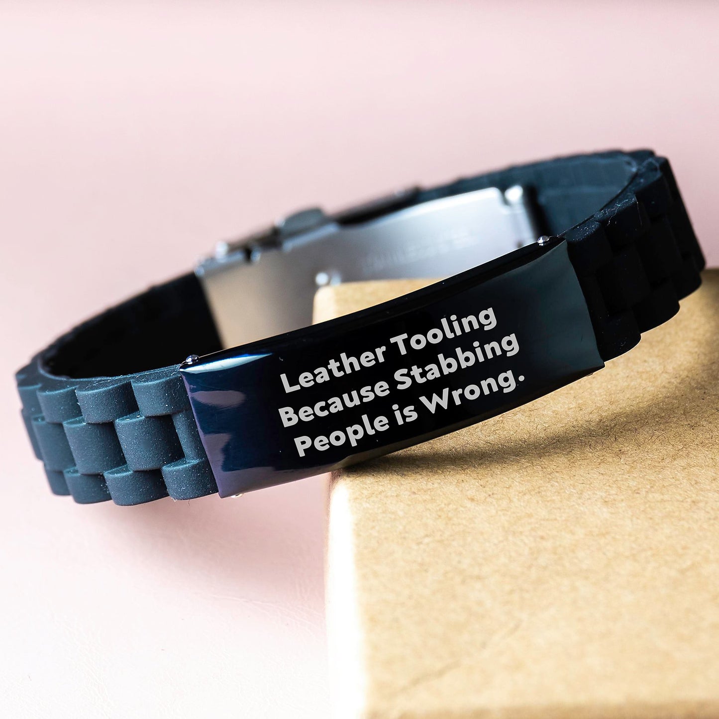 Leather Tooling Funny Gifts from Friends - Glide lock Clasp Bracelet for Men, Women, or Coworkers, Unique Christmas Unique Gifts Idea because Stabbing People Is Wrong - Image 3