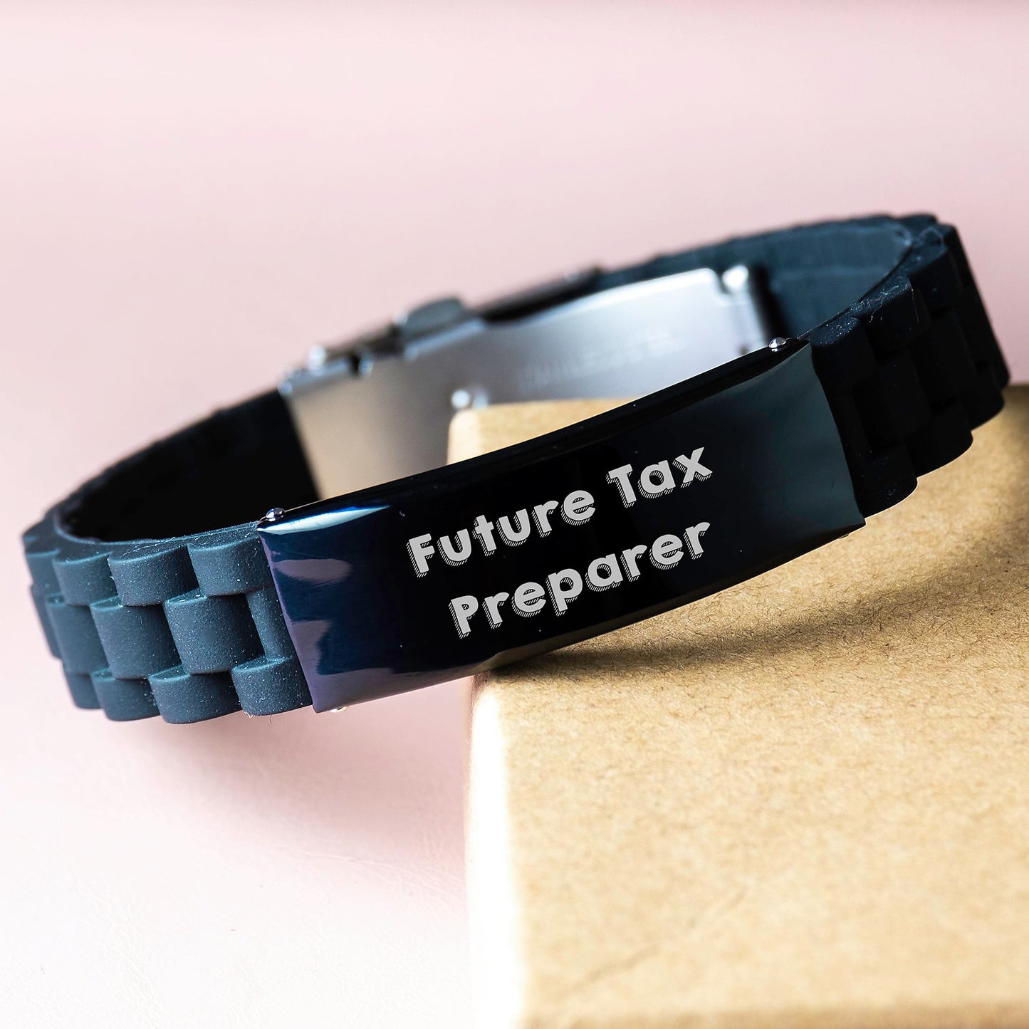 Funny Quote for Future Tax Preparer, Graduation Unique Gifts from Friends, Glide lock Clasp Black Stainless Steel Silicone Adjustable Bracelet, Gifts for Men - Image 3