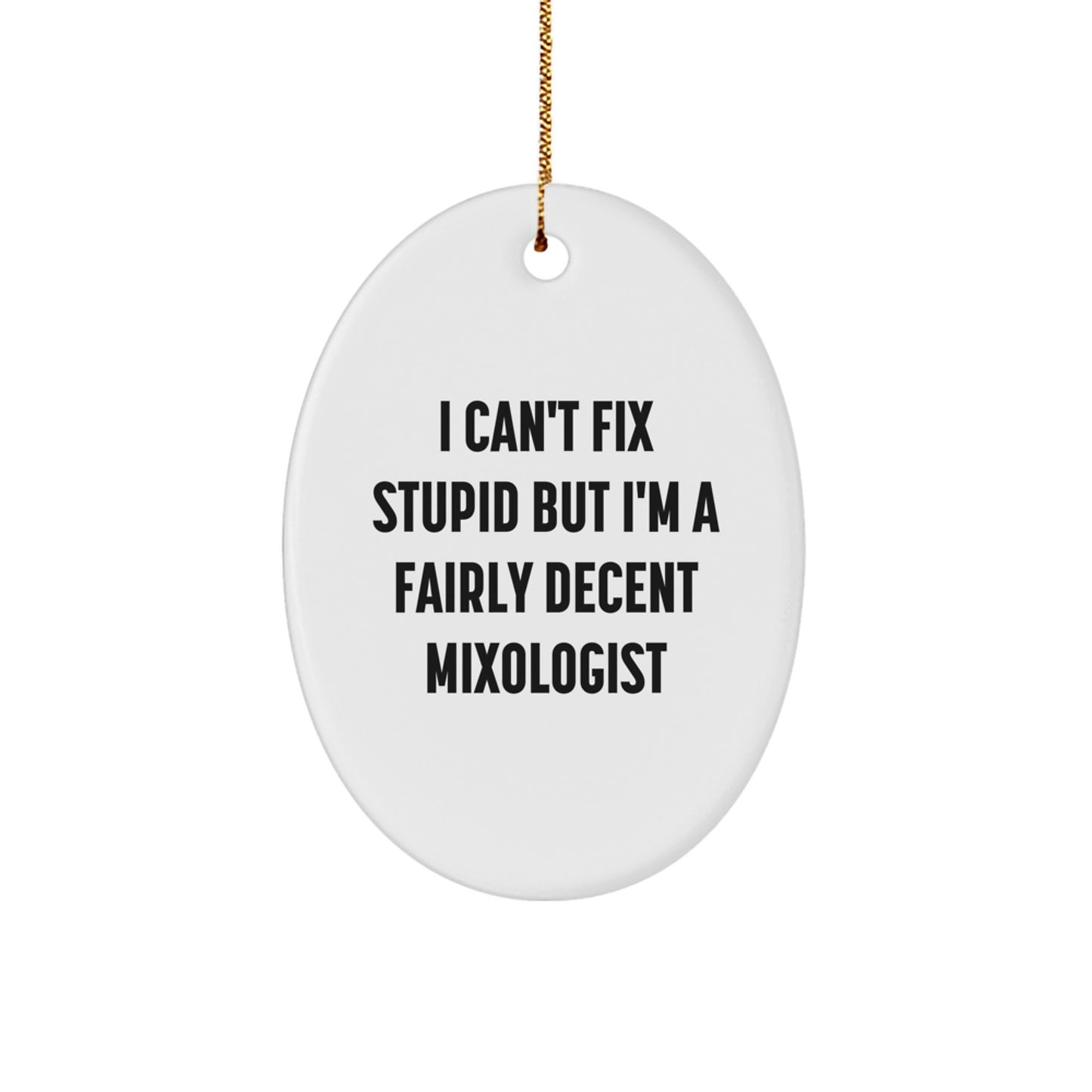 Funny Mixologist Gifts from Friends - Oval Ornament, Christmas Unique Decorations for Men, Women, or Coworkers who Love Cocktails, I Can't Fix Stupid But I'm A Fairly Decent Mixologist - Image 1