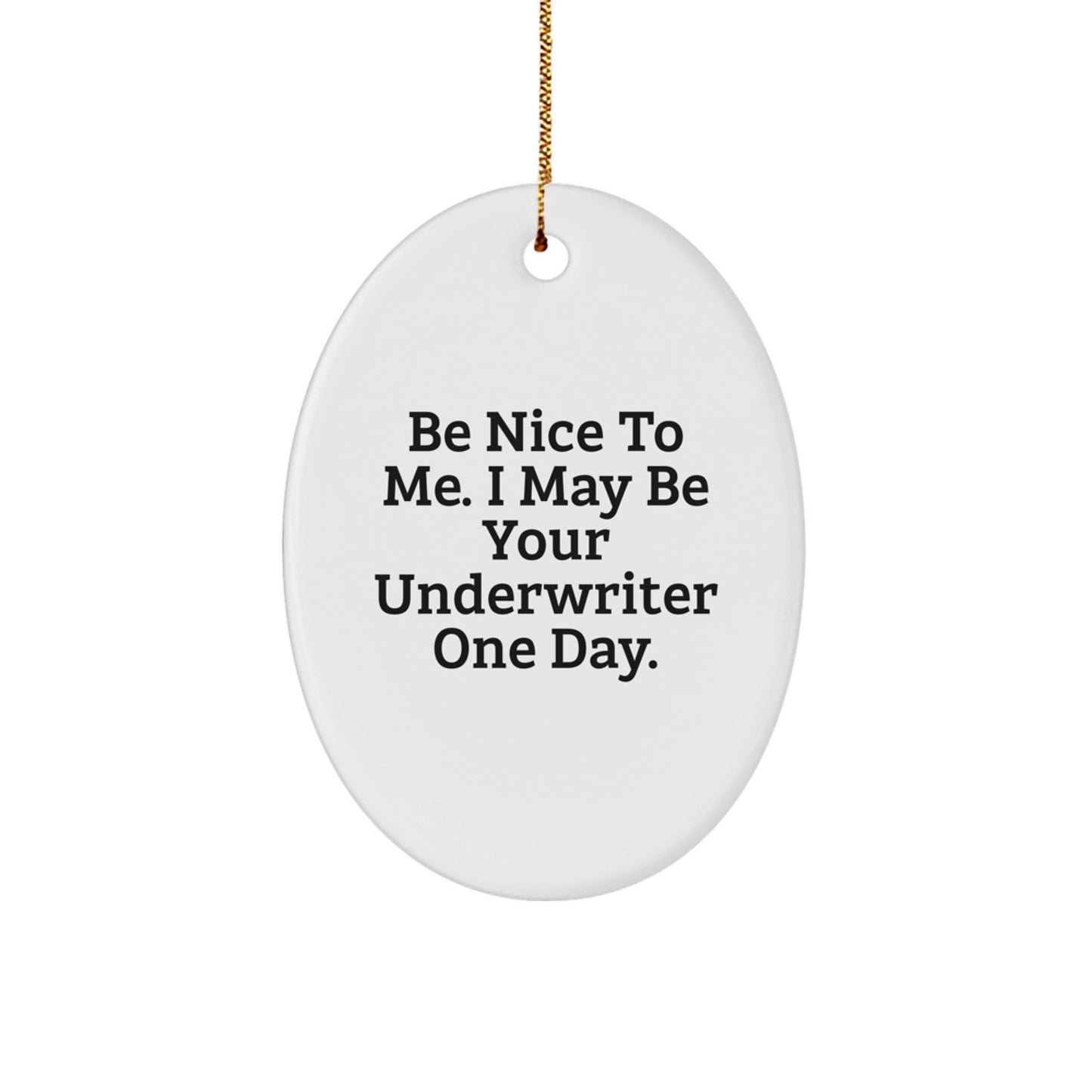 Funny Underwriter Gifts, 'Be Nice To Me. I May Be Your Underwriter One Day.' Oval Ornament for Underwriter, Gifts from Friends, Coworkers, or Family at Christmas - Image 1