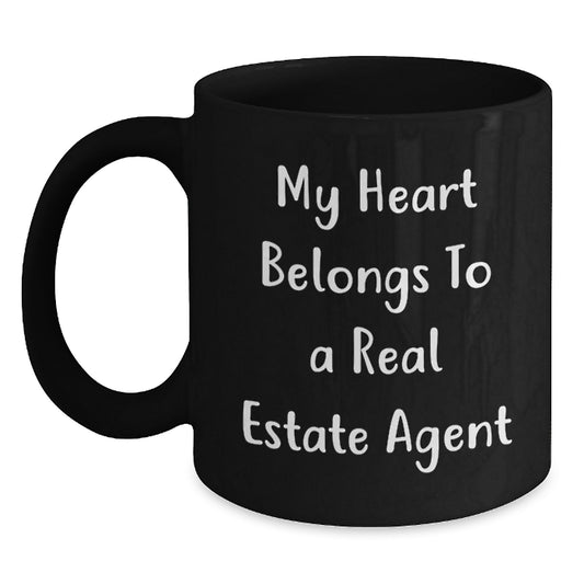 Funny Real Estate Agent Christmas Unique Gifts from Friends and Family - My Heart Belongs To A Real Estate Agent Black Coffee Mug, Gifts for Real Estate Agent - Main