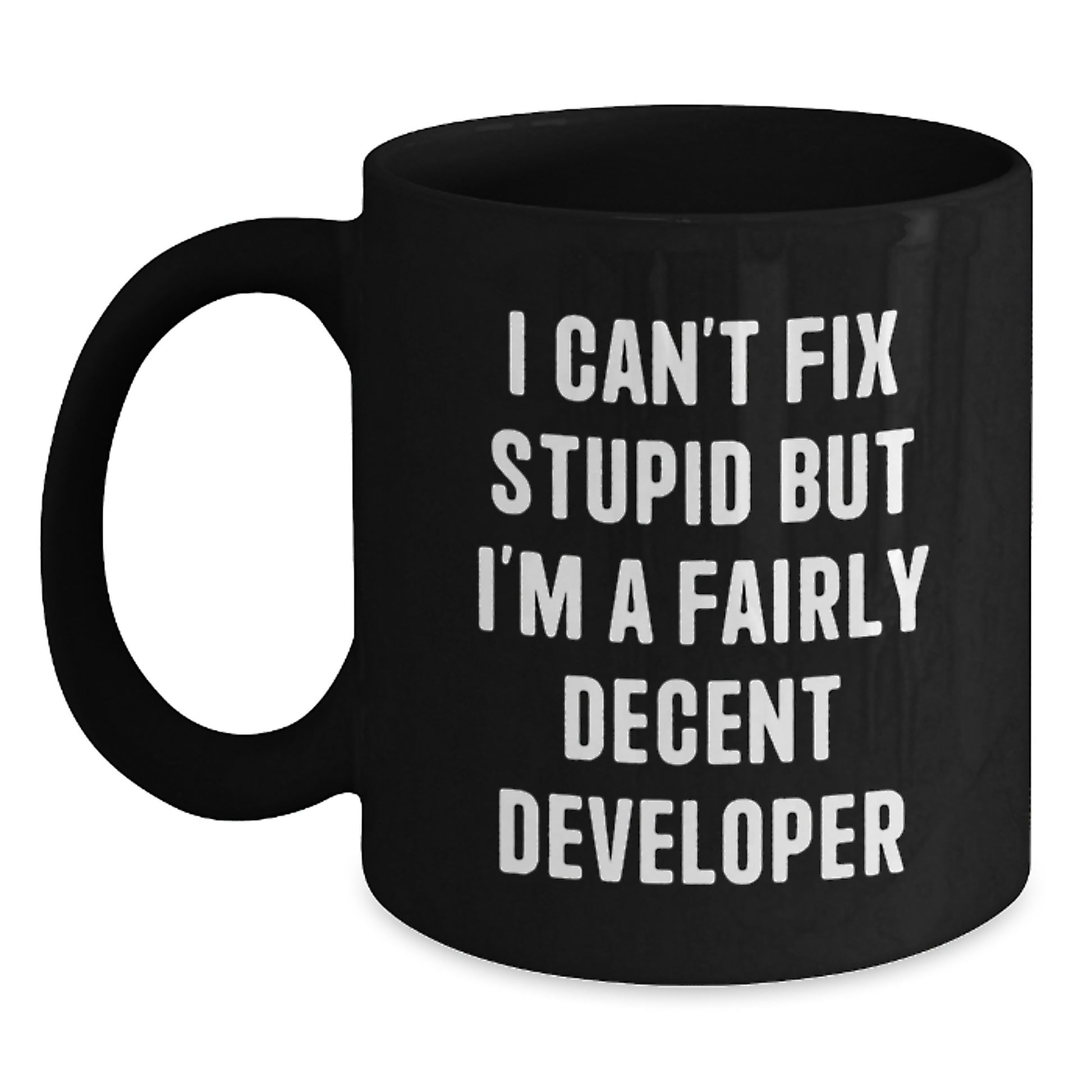 Funny Developer Mug, Developer Gifts from Friends, Valentine's Unique Gifts for Men, Black Coffee Mug with 'I Can't Fix Stupid But I'm A Fairly Decent Developer' Quote - Main