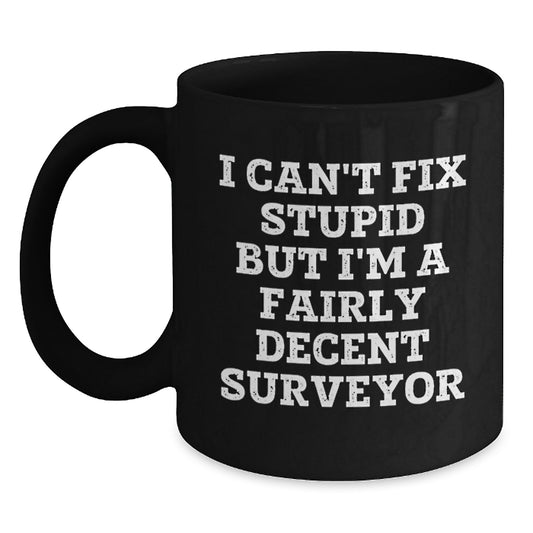 Funny Surveyor Gifts for Men - I Can't Fix Stupid But I'm A Fairly Decent Surveyor Black Coffee Mug, Perfect Graduation Unique Gifts from Family - Main