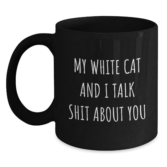 Funny White Cat Black Coffee Mug, Ideal Gift for White Cat Lovers, Mother's Day Unique Gifts from Friends, Family or Coworkers - Main