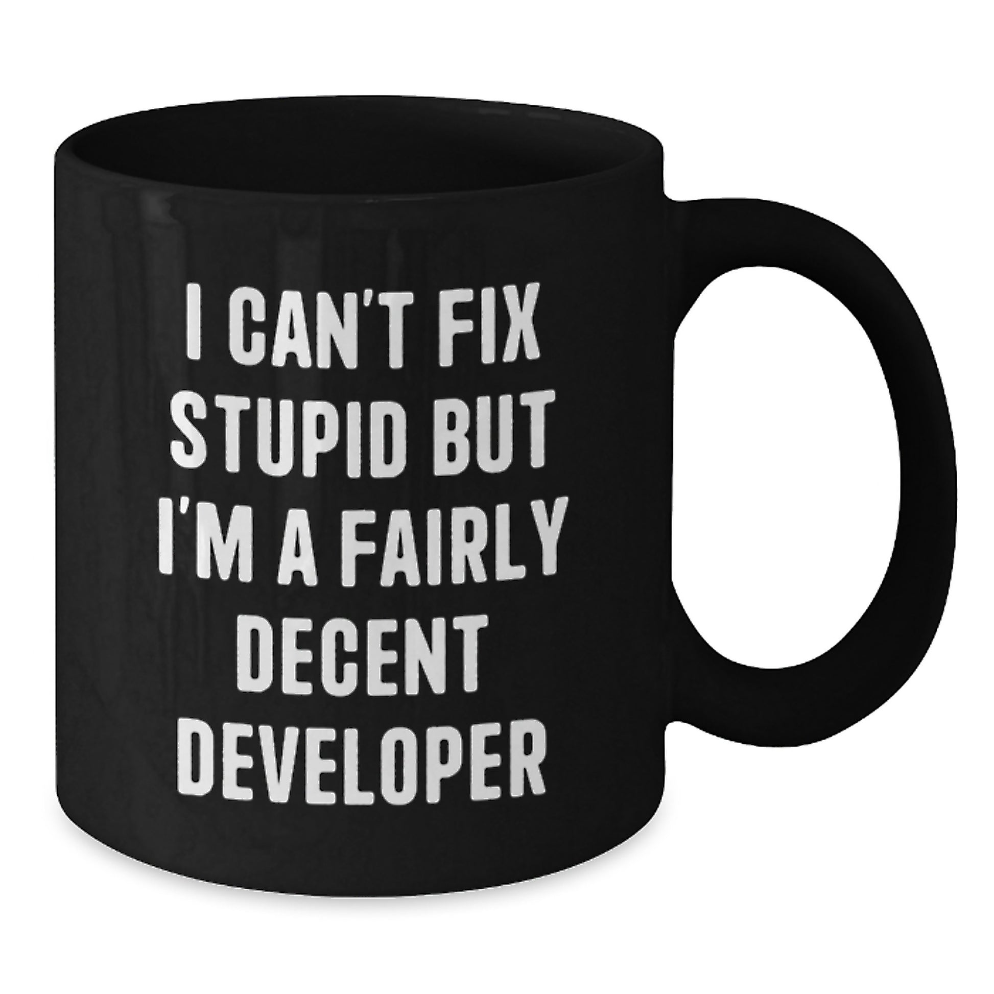 Funny Developer Mug, Developer Gifts from Friends, Valentine's Unique Gifts for Men, Black Coffee Mug with 'I Can't Fix Stupid But I'm A Fairly Decent Developer' Quote - Additional