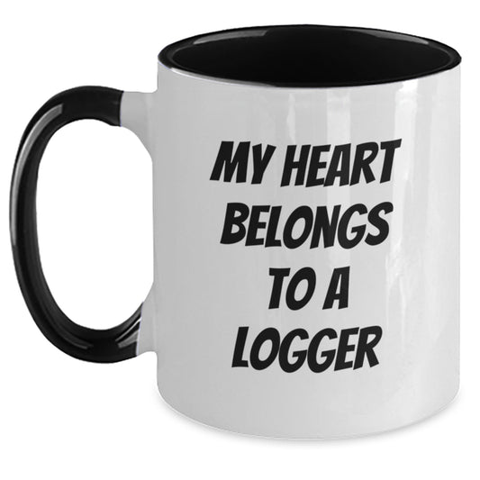 Funny Logger Gifts from Friends, for Men, Unique Birthday Unique Gifts for Logger Enthusiasts, Two Tone Coffee Mug, My Heart Belongs To A Logger - Main