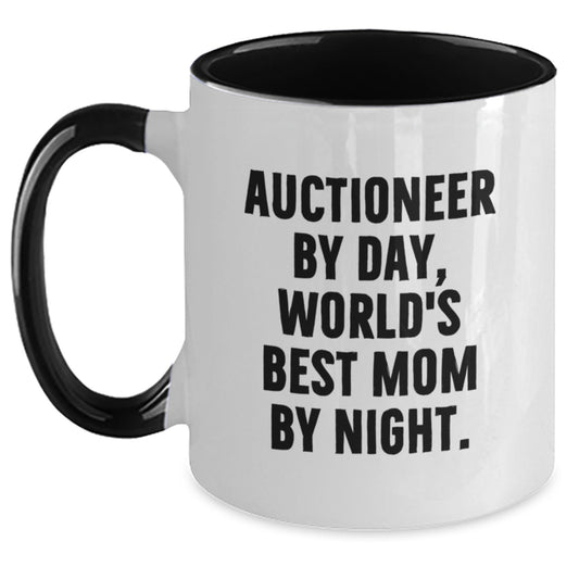 Funny Auctioneer Gifts from Mom, Two Tone Coffee Mugs - Auctioneer By Day, World's Best Mom By Night. - Christmas Unique Presents for Auctioneer Friends and Family - Main
