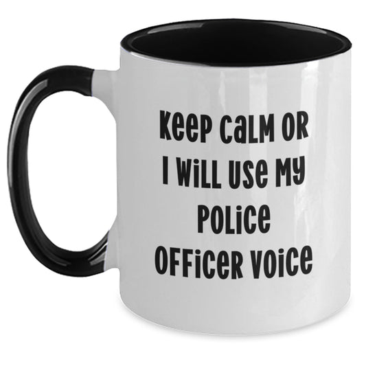 Funny Police Officer Gifts for Mom, Two Tone Coffee Mug with Keep Calm Or I Will Use My Police Officer Voice, Gifts from Family, Unique Mother's Day Presents - Main