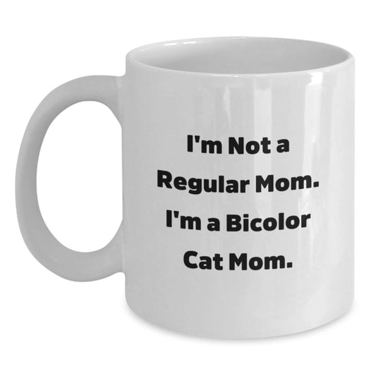 Bicolor Cat Mom, Funny Quote, Unique White Coffee Mug Gifts from Friends for Bicolor Cat Lovers at Christmas - Main
