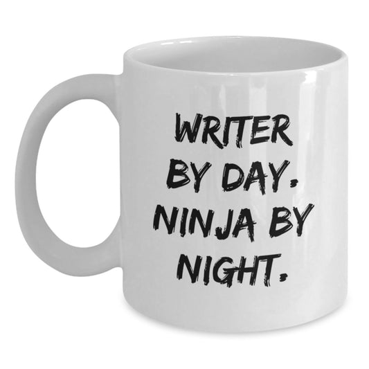 Writer Gifts from Friends, Writer By Day, Ninja By Night. Funny White Coffee Mug for Birthday - Main