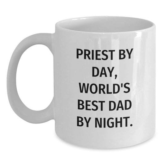 Funny Priest Gifts by Day, World's Best Dad By Night White Coffee Mug for Graduation, Gifts from Family, Friends, and Coworkers - Main