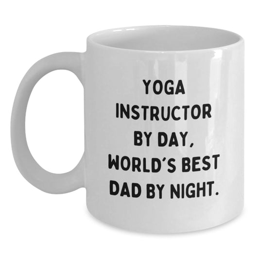 Funny Yoga Instructor Gifts for Men from Friends - 'Yoga Instructor By Day, World's Best Dad By Night.' White Coffee Mug for Birthday - Main