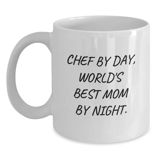Funny Chef Gifts from Mom, 'Chef By Day, World's Best Mom By Night' White Coffee Mug for Valentine's Unique Gifts for Chef - Main